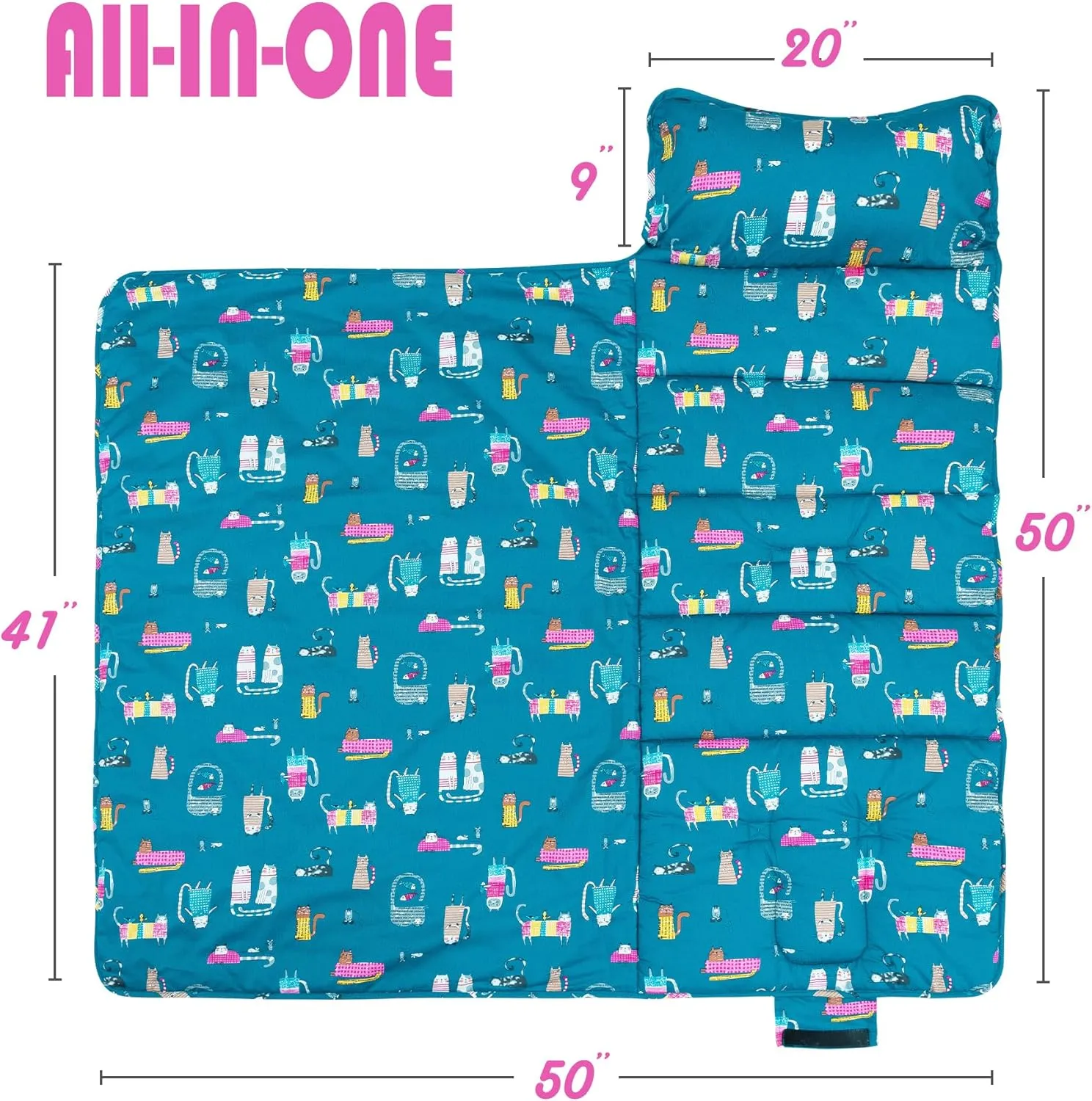 Nap Mat with Pillow and Blanket 100% Cotton with Microfiber Fill, Padded Sleeping Mat, for Daycare Preschool Toddler Prek Girls Kids (Ladylike Cat, Standard-50 x20)