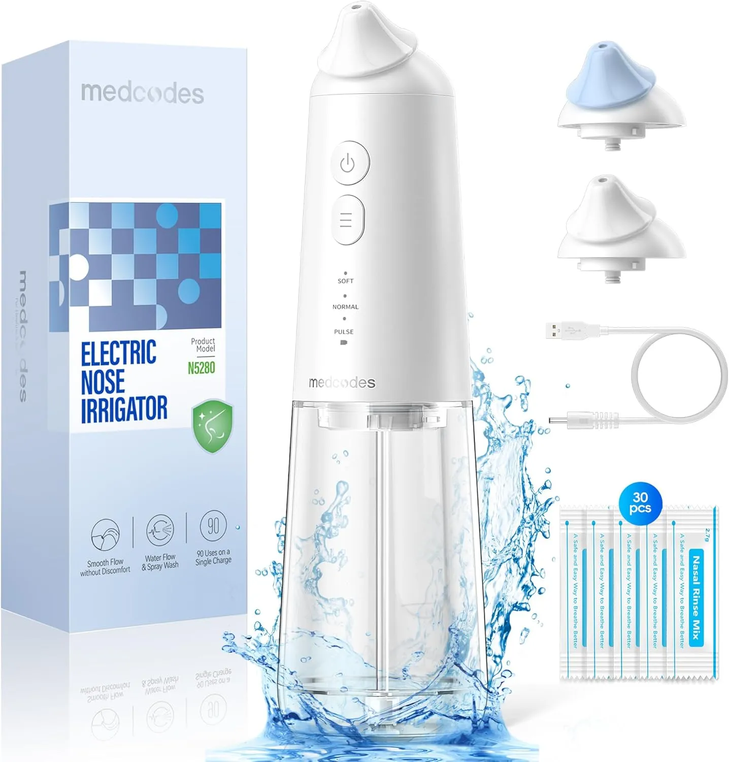 Nasal Irrigation System, Cordless Pulsating Sinus Rinse Bottle, Nasal Rinse Machine for Sinus Relief & Nasal Care, Electric Neti Pot Nose Cleaner with 30 Salt Pods Nasal Wash Kit