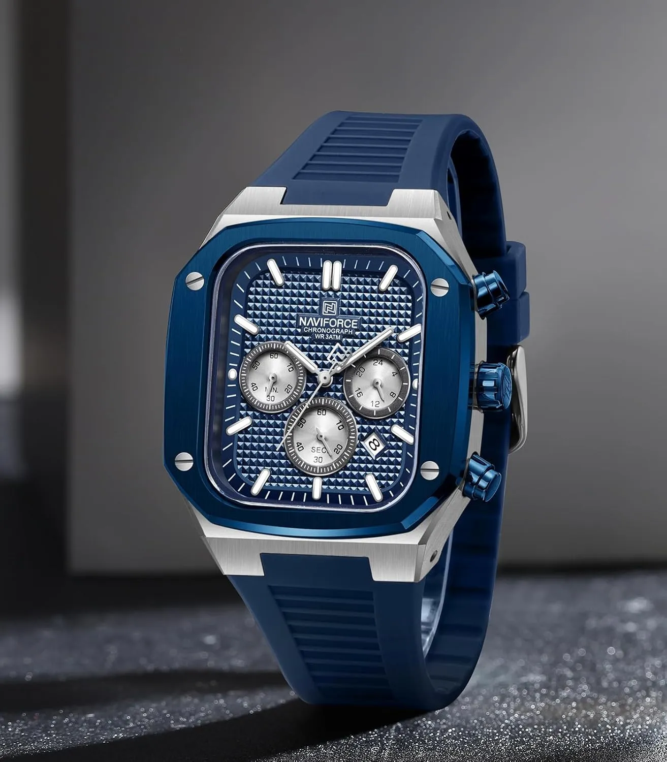 NAVIFORCE Mens Square Watches,Chronograph Analog Calendar Wrist Watch,Quartz Waterproof Watches for Men,Silicone Band