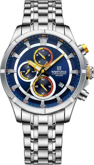 NAVIFORCE Watches for Men Big Face Analog Quartz Business Dress Chronograph Multifunction Stainless Steel Calendar Waterproof Luminous Mens Wrist Watch (Silver Blue)