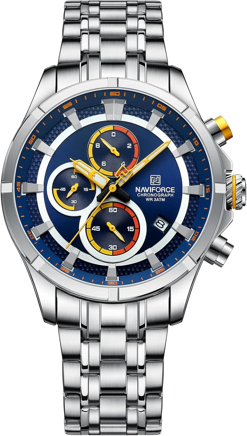 NAVIFORCE Watches for Men Big Face Analog Quartz Business Dress Chronograph Multifunction Stainless Steel Calendar Waterproof Luminous Mens Wrist Watch (Silver Blue)