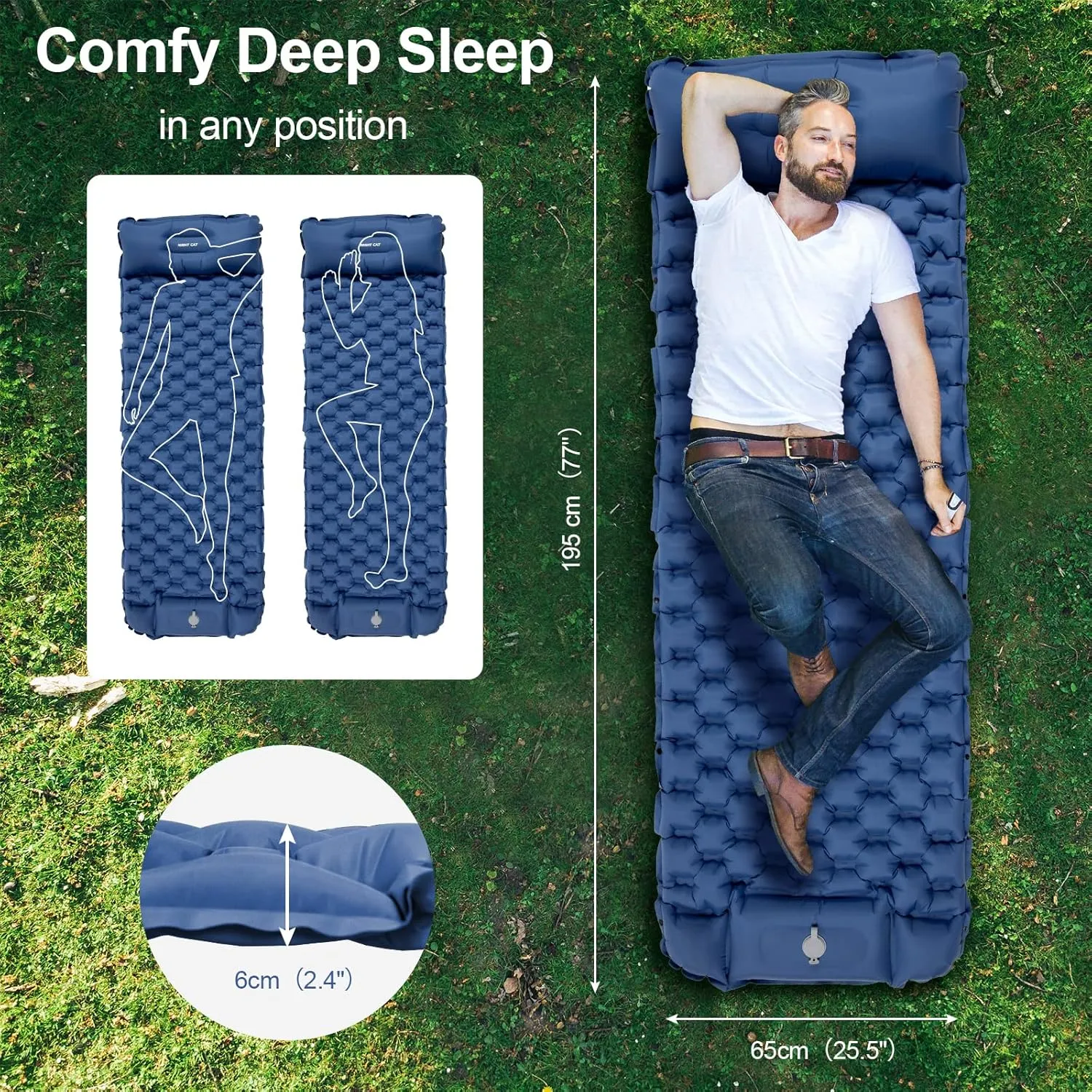 Night Cat Inflatable Sleeping Pads Mat Bed with Foot Pump and Pillow for Camping Backpacking Hiking Ultra-Light Compact Comfortable Extendable