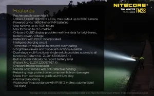 Nitecore TM28 6000 Lumen Rechargeable Flashlight w/4x IMR18650 10A  HC90 Rechargeable Headlamp w/NL186 Battery