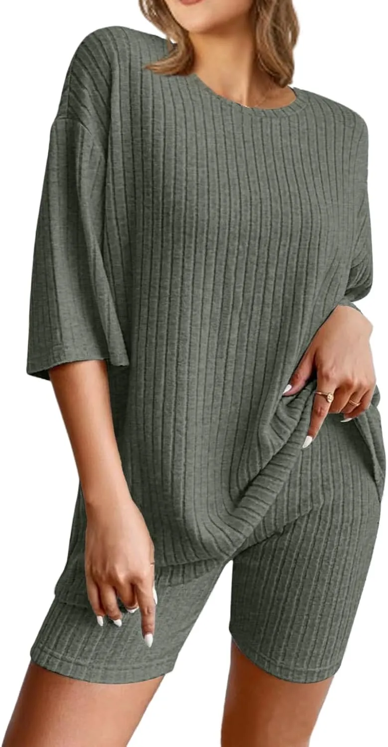 NORACORA Pajamas 2 Piece Lounge Sets Ribbed Knit for Women Matching T-shirt Shorts Outfits Sleepwear
