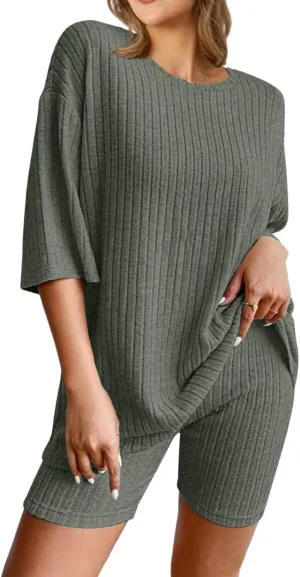 NORACORA Pajamas 2 Piece Lounge Sets Ribbed Knit for Women Matching T-shirt Shorts Outfits Sleepwear