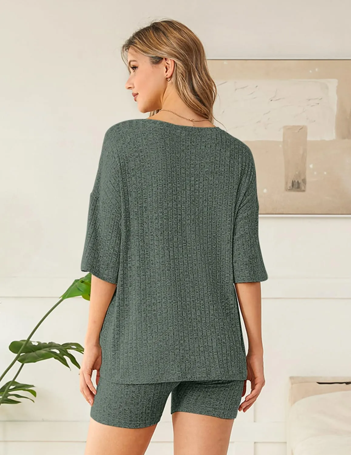 NORACORA Pajamas 2 Piece Lounge Sets Ribbed Knit for Women Matching T-shirt Shorts Outfits Sleepwear