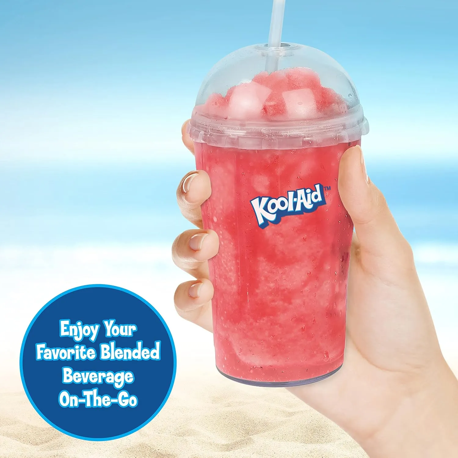 Nostalgia Kool-Aid Slush ‘N Go Personal Blender for Smoothies, Slushies, Shakes, and Fruit Blends, Includes Two 15 Oz Travel Bottles, Cup Lid, and Reusable Straw, Blue