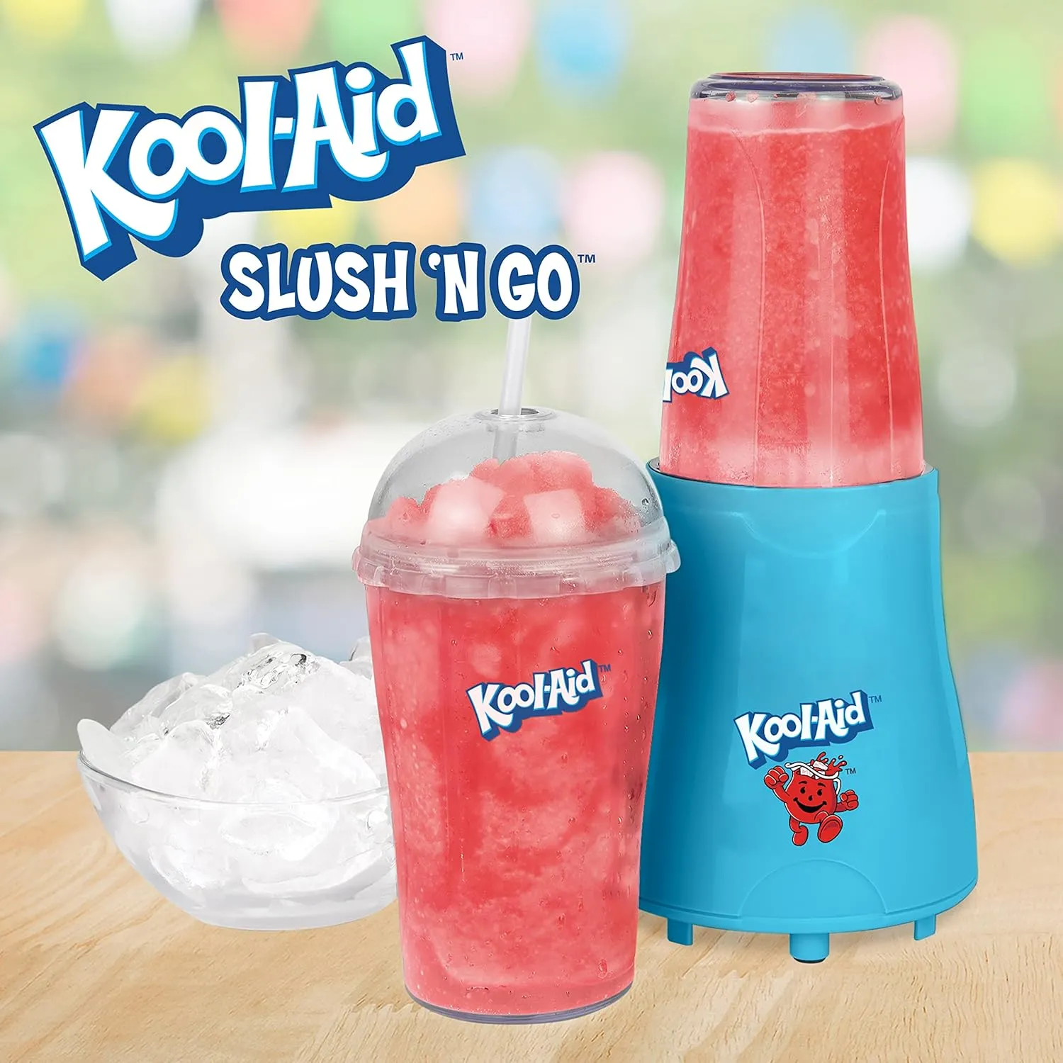 Nostalgia Kool-Aid Slush ‘N Go Personal Blender for Smoothies, Slushies, Shakes, and Fruit Blends, Includes Two 15 Oz Travel Bottles, Cup Lid, and Reusable Straw, Blue
