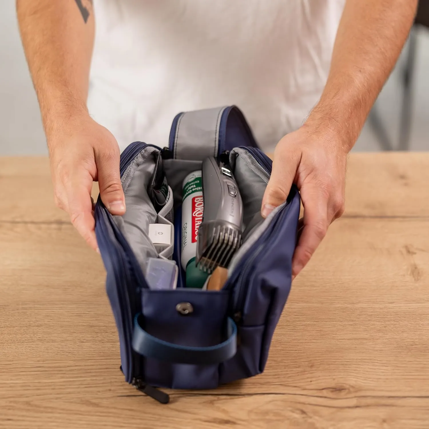(Not Made In China) Toiletry Bag For Men, Travel Organizer and Dopp Kit, Waterproof Shaving Bag for Toiletries and Accessories, Interior Compartments and Pockets (Blue)