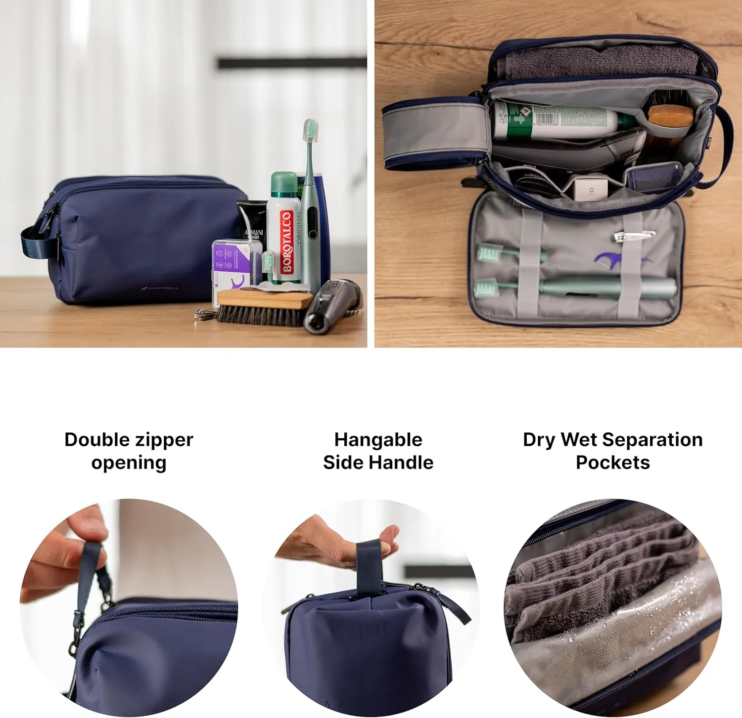 (Not Made In China) Toiletry Bag For Men, Travel Organizer and Dopp Kit, Waterproof Shaving Bag for Toiletries and Accessories, Interior Compartments and Pockets (Blue)