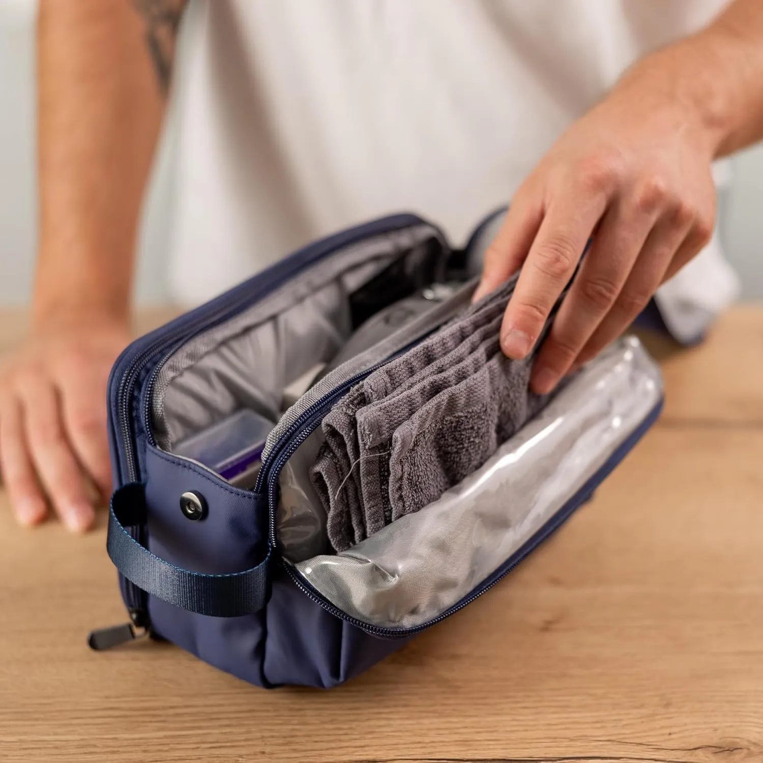 (Not Made In China) Toiletry Bag For Men, Travel Organizer and Dopp Kit, Waterproof Shaving Bag for Toiletries and Accessories, Interior Compartments and Pockets (Blue)