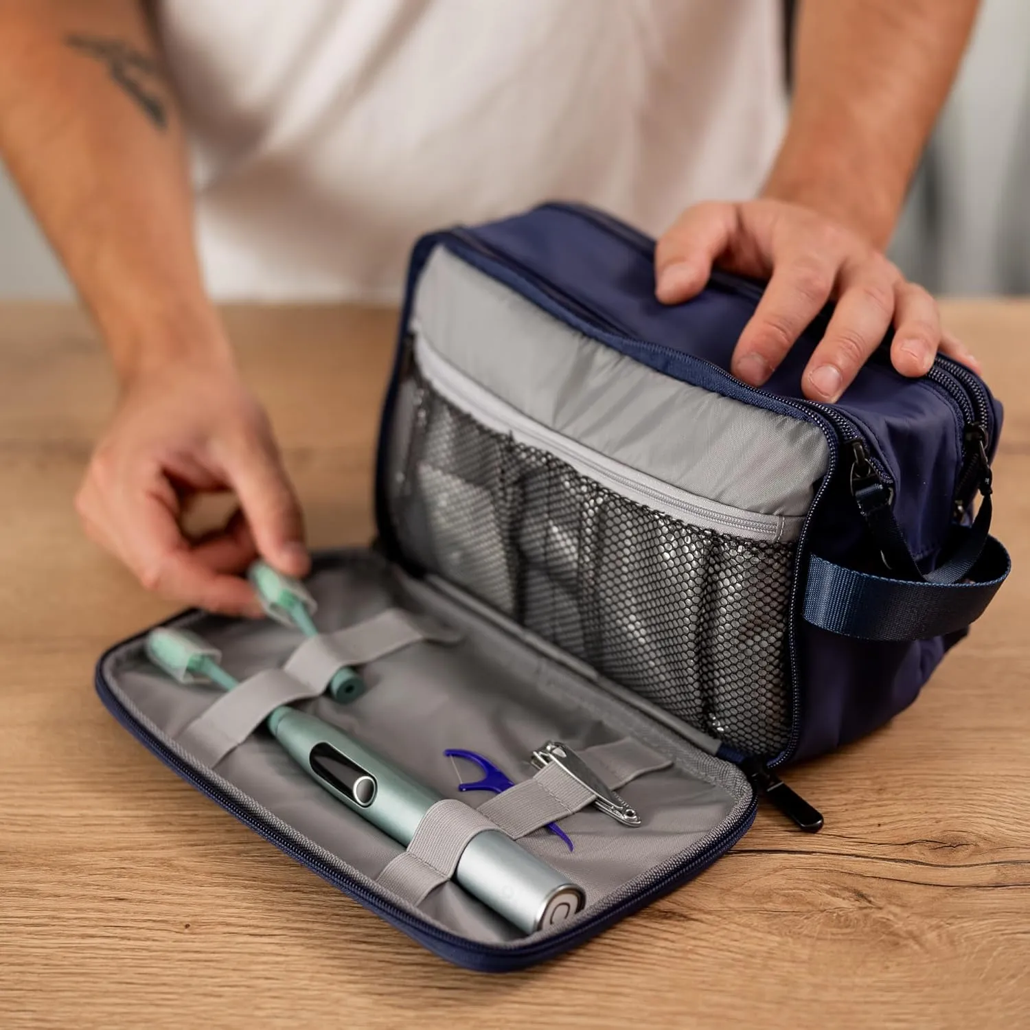 (Not Made In China) Toiletry Bag For Men, Travel Organizer and Dopp Kit, Waterproof Shaving Bag for Toiletries and Accessories, Interior Compartments and Pockets (Blue)