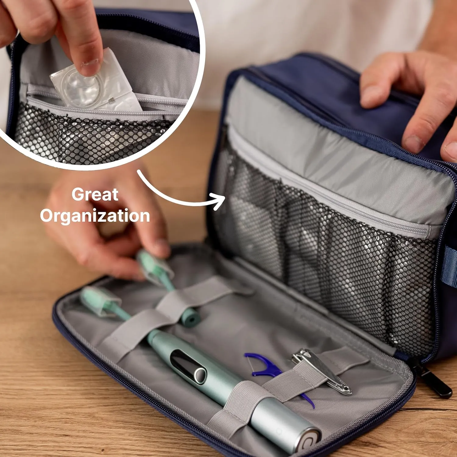 (Not Made In China) Toiletry Bag For Men, Travel Organizer and Dopp Kit, Waterproof Shaving Bag for Toiletries and Accessories, Interior Compartments and Pockets (Blue)