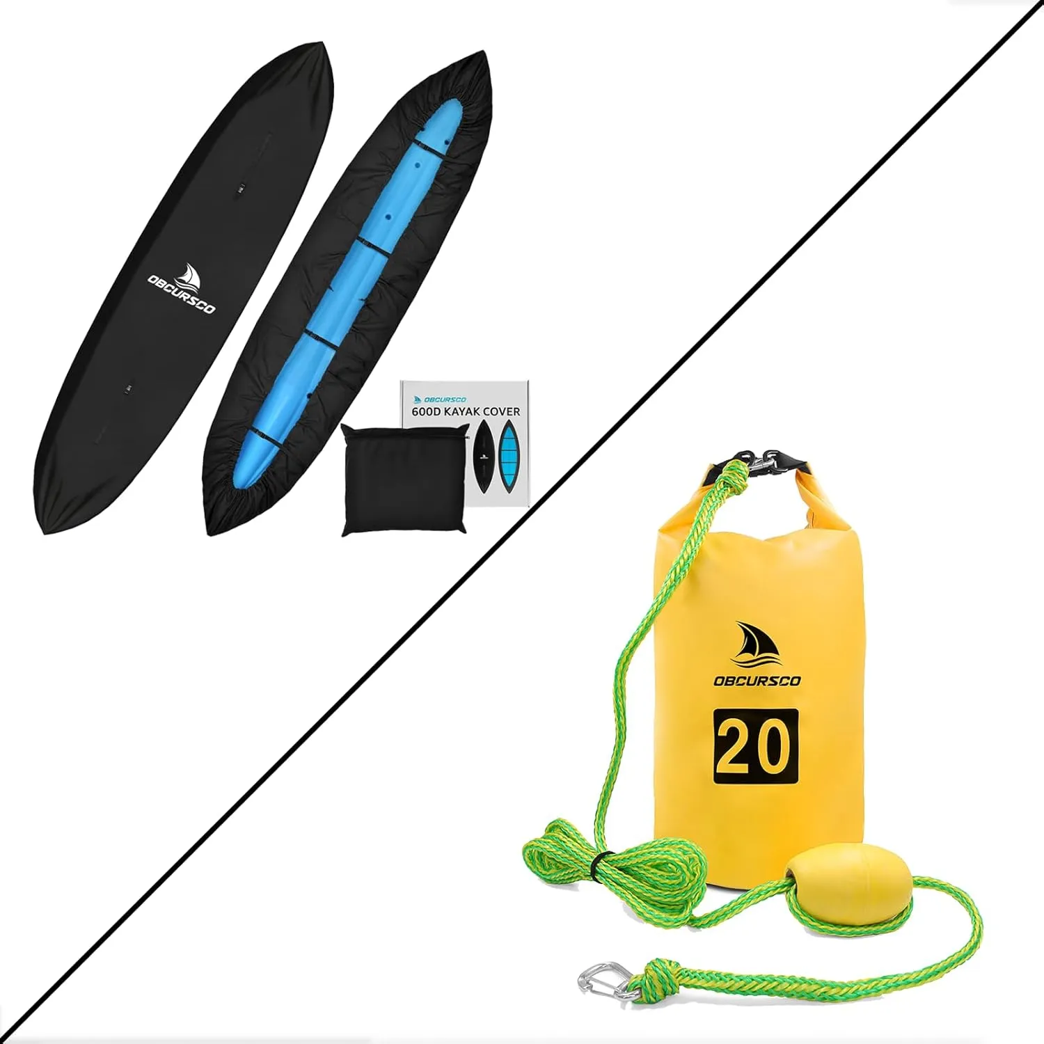 Obcursco 600D Kayak Cover Waterproof, 9.3-16.5FT Thickened UV-Proof and 20L Jet Ski Anchor Kit PWC Anchor 2 in 1 Sand Bag Anchor