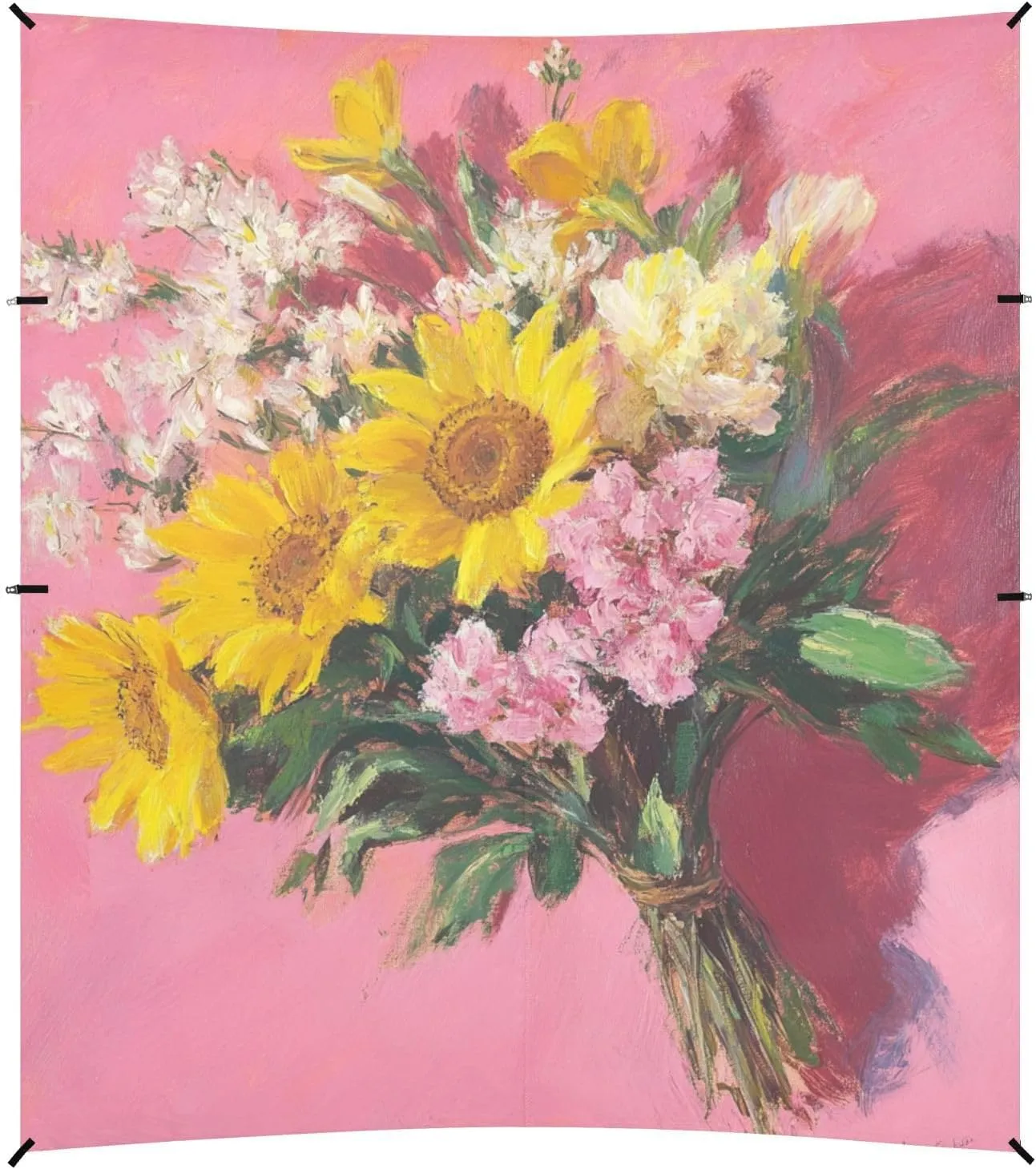 Oil Painting Bouquet on Pink Foldable Beach Tent UPF50  Water-Resistant Sun Shelter with Sand Shovel, Sandbags for Camping, Picnics, Backyard