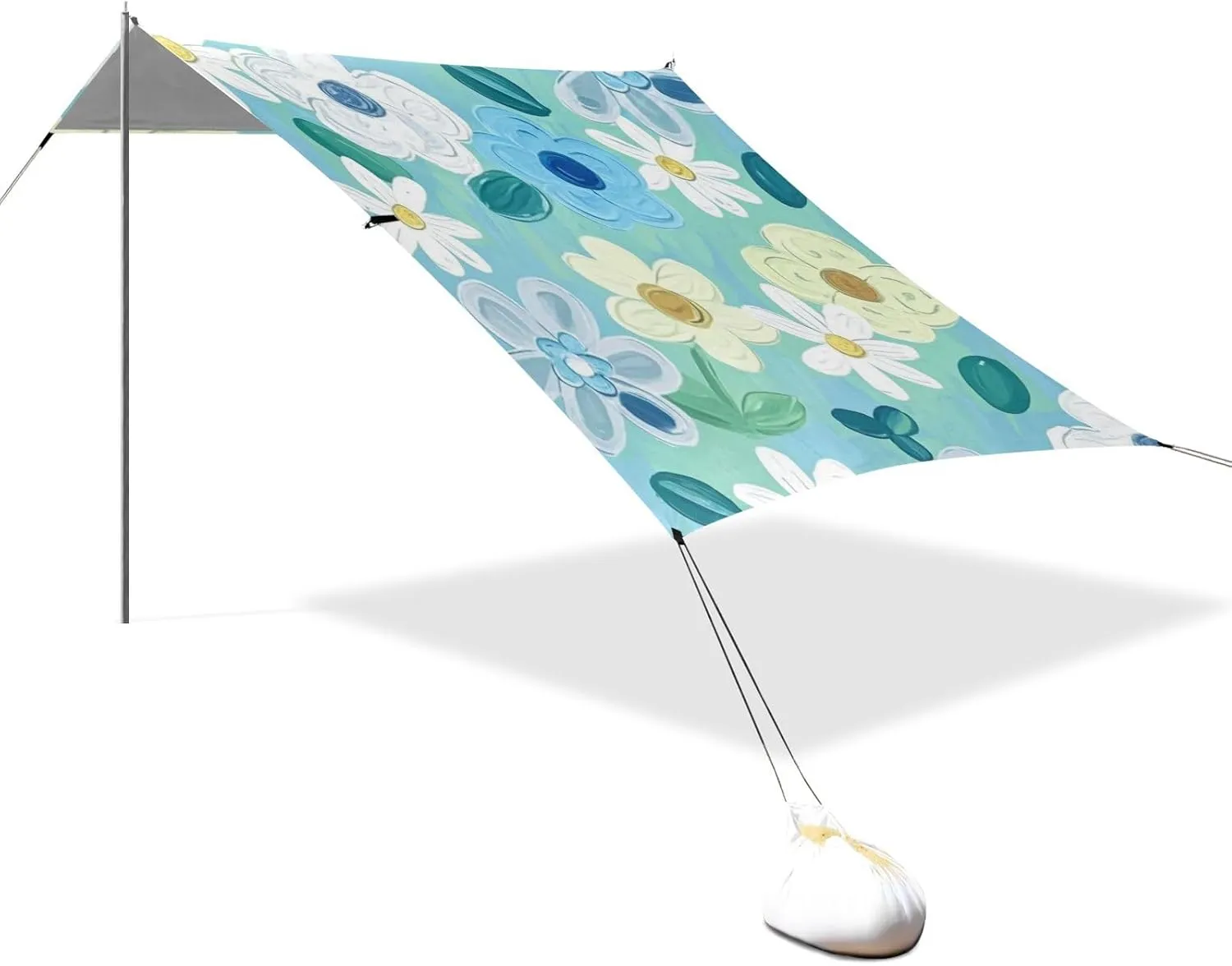 Oil Painting with Blue-Green Flowers Designed UPF50 Foldable Beach Cabana Waterproof Shade Sun Shelter with Sand Shovel, Sandbags for Family Trips, Picnics & Camping carpa para la Playa