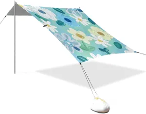 Oil Painting with Blue-Green Flowers Designed UPF50 Foldable Beach Cabana Waterproof Shade Sun Shelter with Sand Shovel, Sandbags for Family Trips, Picnics & Camping carpa para la Playa