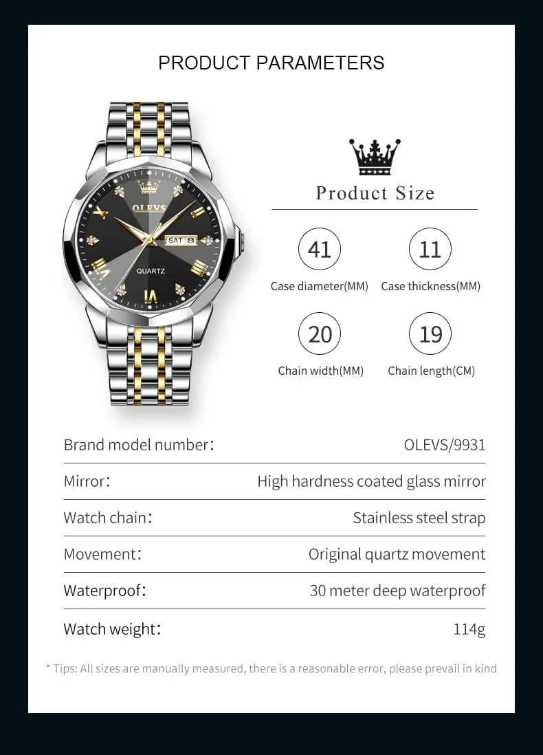 OLEVS Watch for Men Diamond Business Dress Analog Quartz Stainless Steel Waterproof Luminous Date Two Tone Luxury Casual Wrist Watch