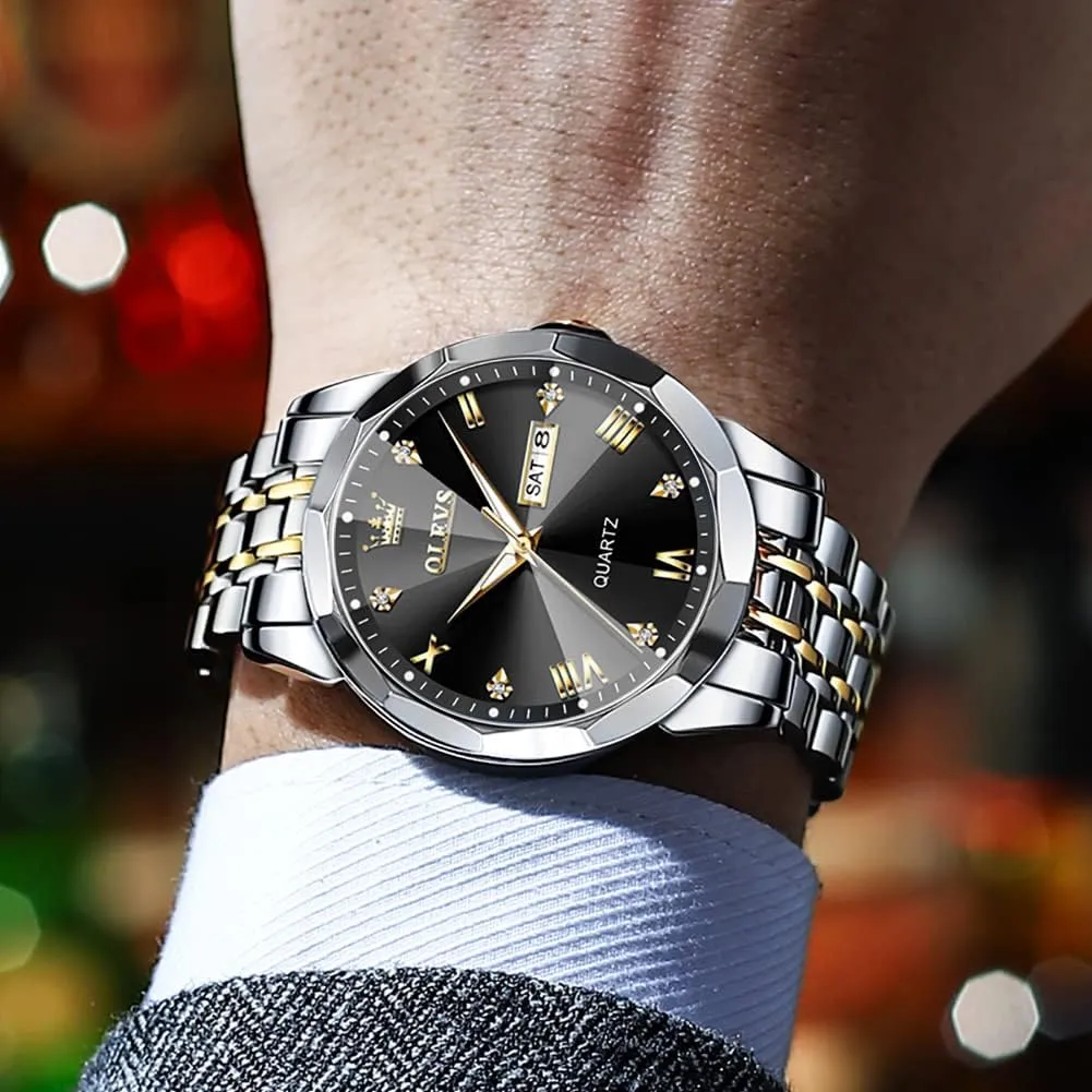 OLEVS Watch for Men Diamond Business Dress Analog Quartz Stainless Steel Waterproof Luminous Date Two Tone Luxury Casual Wrist Watch