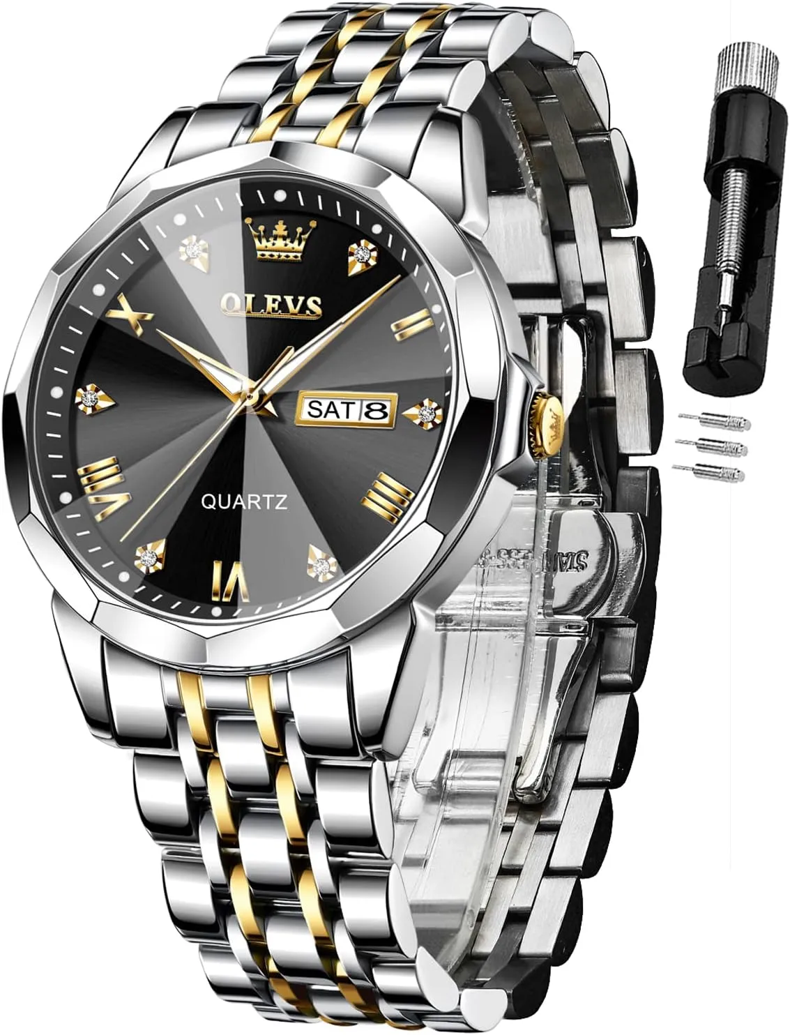 OLEVS Watch for Men Diamond Business Dress Analog Quartz Stainless Steel Waterproof Luminous Date Two Tone Luxury Casual Wrist Watch