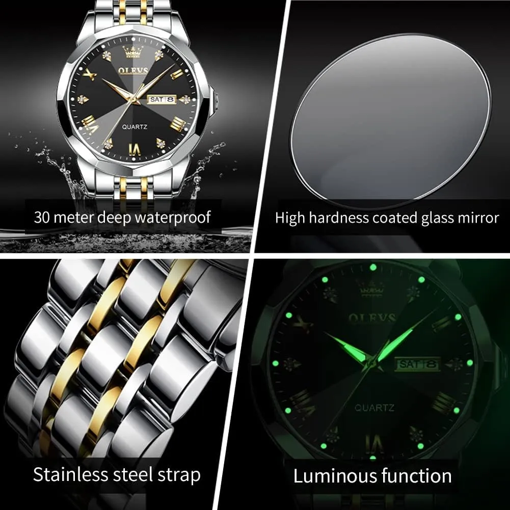 OLEVS Watch for Men Diamond Business Dress Analog Quartz Stainless Steel Waterproof Luminous Date Two Tone Luxury Casual Wrist Watch