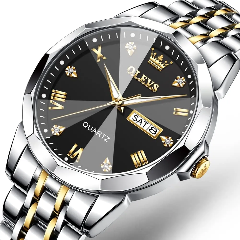 OLEVS Watch for Men Diamond Business Dress Analog Quartz Stainless Steel Waterproof Luminous Date Two Tone Luxury Casual Wrist Watch