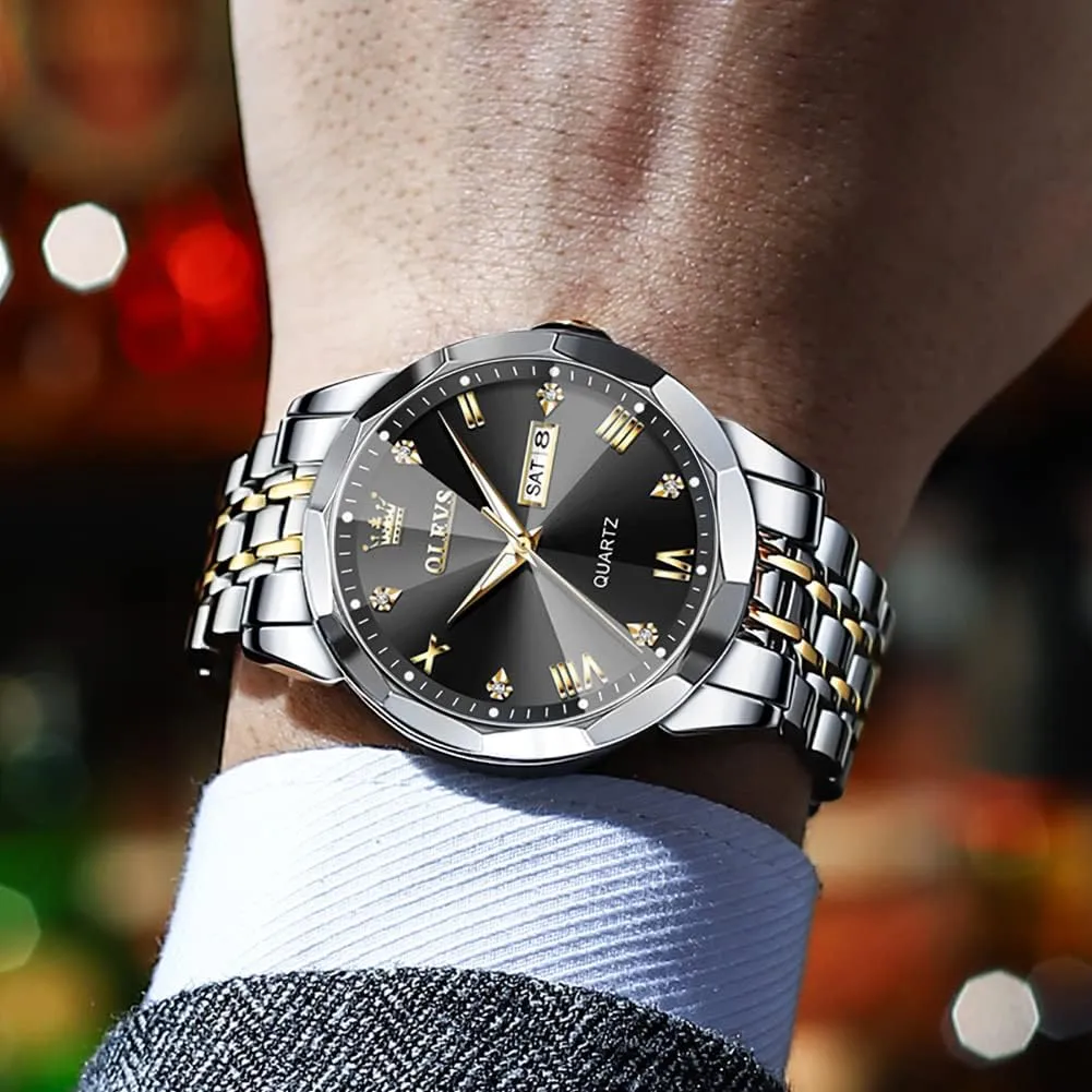 OLEVS Watch for Men Diamond Business Dress Analog Quartz Stainless Steel Waterproof Luminous Date Two Tone Luxury Casual Wrist Watch