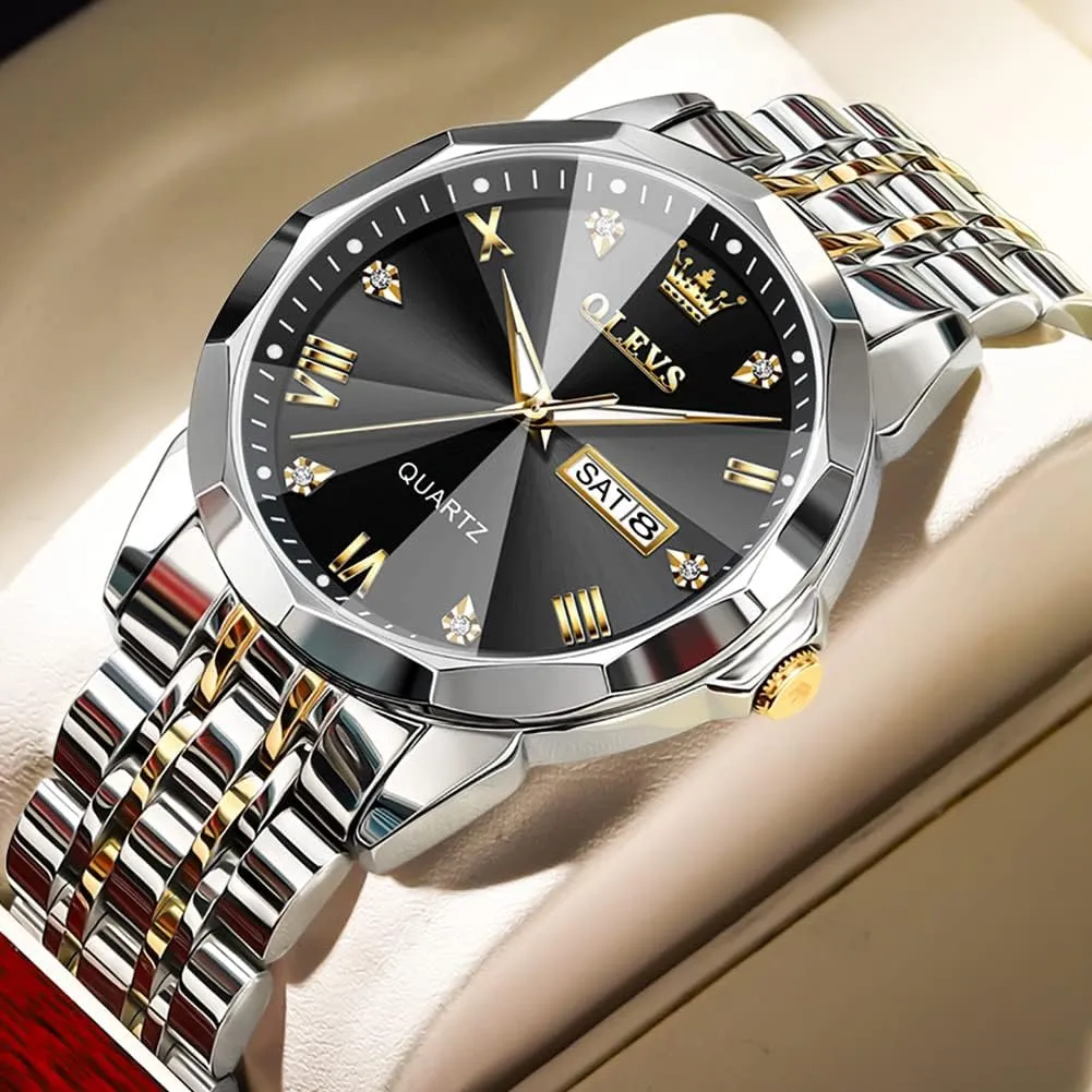 OLEVS Watch for Men Diamond Business Dress Analog Quartz Stainless Steel Waterproof Luminous Date Two Tone Luxury Casual Wrist Watch