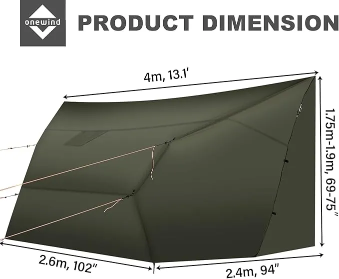 Onewind Penumbra Hot Tent, 14ft Camping Hammock Tarp for 4-Season, Waterpoof and Flame Retardant Hammock Rain Fly with Stove Jack for Winter, Outdoor Camping, OD Green
