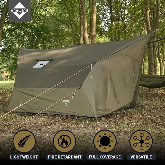 Onewind Penumbra Hot Tent, 14ft Camping Hammock Tarp for 4-Season, Waterpoof and Flame Retardant Hammock Rain Fly with Stove Jack for Winter, Outdoor Camping, OD Green