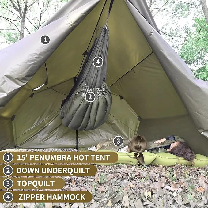 Onewind Penumbra Hot Tent, 14ft Camping Hammock Tarp for 4-Season, Waterpoof and Flame Retardant Hammock Rain Fly with Stove Jack for Winter, Outdoor Camping, OD Green
