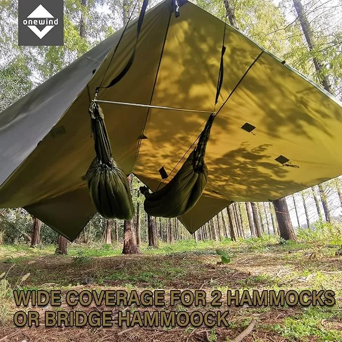 Onewind Penumbra Hot Tent, 14ft Camping Hammock Tarp for 4-Season, Waterpoof and Flame Retardant Hammock Rain Fly with Stove Jack for Winter, Outdoor Camping, OD Green