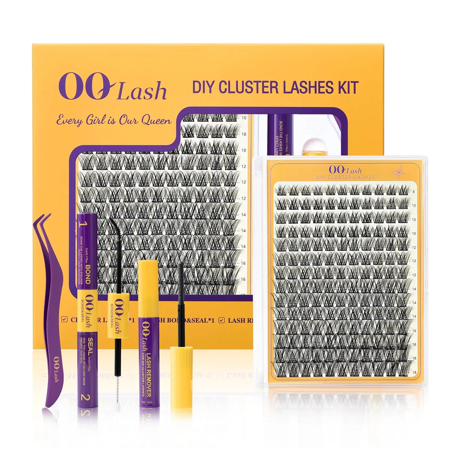 OQ Lash Extension Kit DIY 154pcs Lash Clusters, D Curl WideSpan, 8-18mm 24K Individual Lashes Kit with Lash Bond and Seal, Lash Tweezers for Self Use (24K, Mix 8-18mm, WideSpan, Kit)