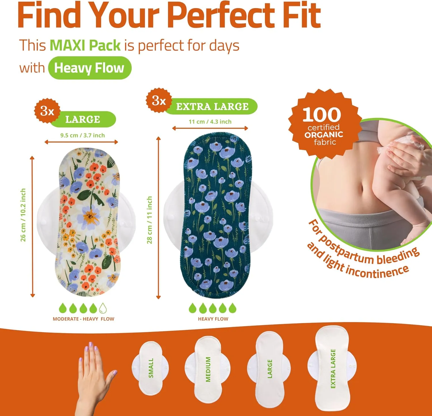 Organic Cotton EcoComfort Reusable Period Pads for Heavy Flow & Incontinence (L XL, 6-Pack); High-Temp Washable Cloth Pads for Women; Non-Irritating, Soft Reusable Pads Menstrual for Comfortable Care