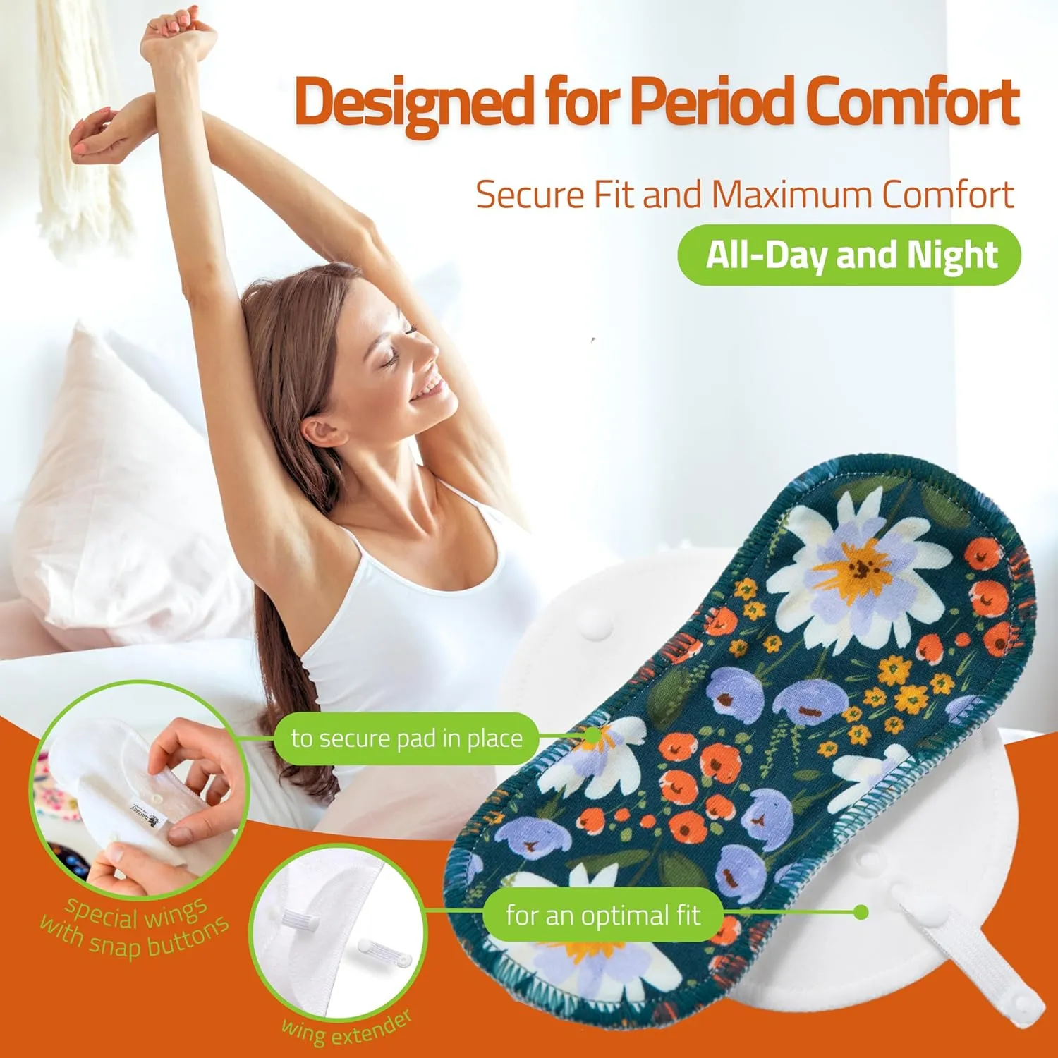 Organic Cotton EcoComfort Reusable Period Pads for Heavy Flow & Incontinence (L XL, 6-Pack); High-Temp Washable Cloth Pads for Women; Non-Irritating, Soft Reusable Pads Menstrual for Comfortable Care