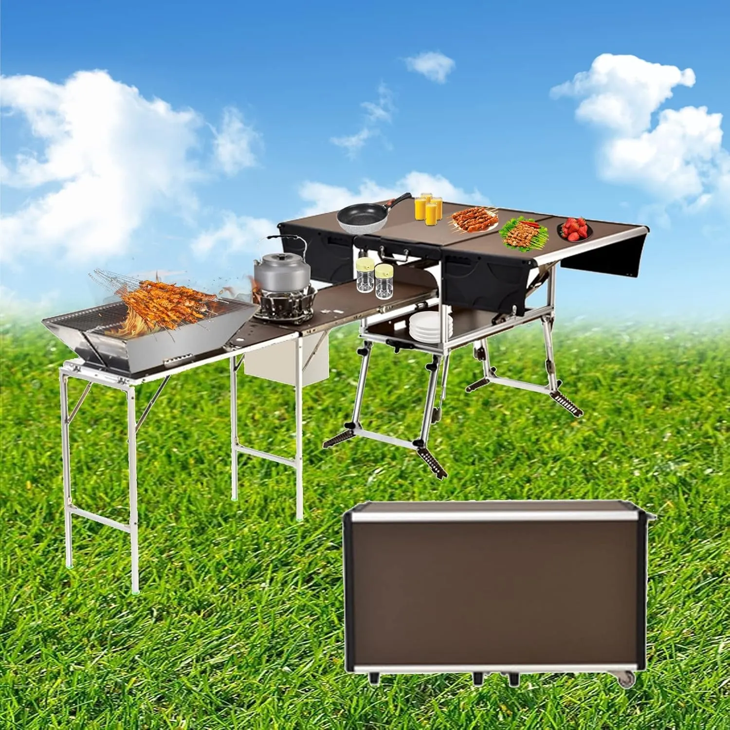 Outdoor Master Cook Station Aluminum Camping Table,Easy Carry Picnic Folding Table with kitchenware and Stove for RV BBQ Cooking Outdoor (Color : Package 5)