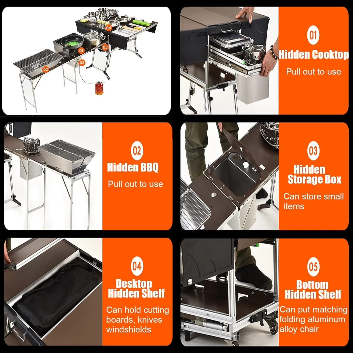Outdoor Master Cook Station Aluminum Camping Table,Easy Carry Picnic Folding Table with kitchenware and Stove for RV BBQ Cooking Outdoor (Color : Package 5)