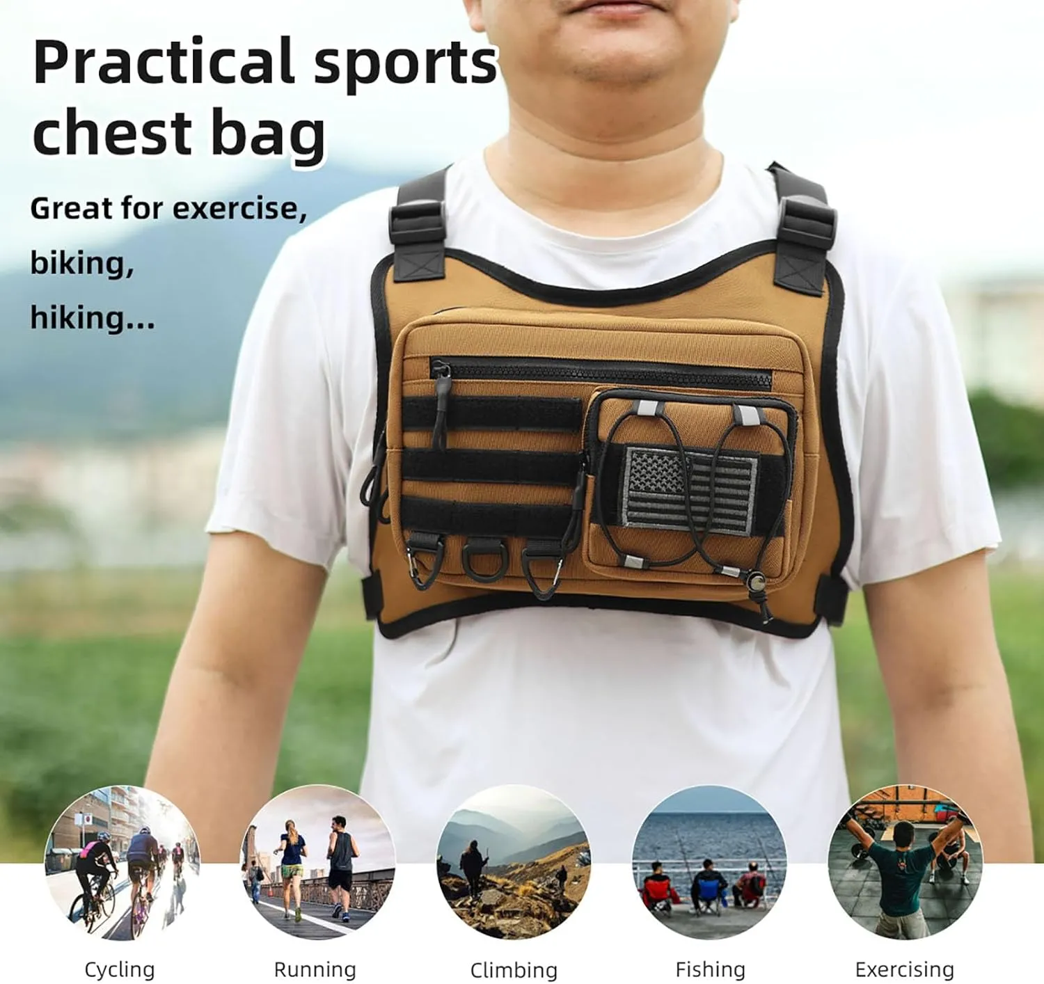 Outdoor Sports Chest Bag for Men, Water Resistant Lightweight Running Vest EDC Chest Pack for Workouts Hiking Cycling