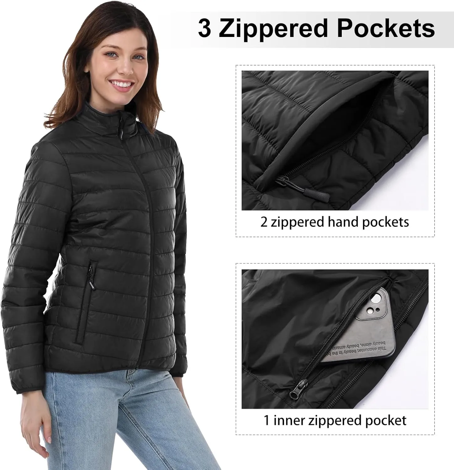 Outdoor Ventures Women's Packable Full-Zip Short Puffer Jacket Insulated Quilted Warm Lightweight Winter Coat