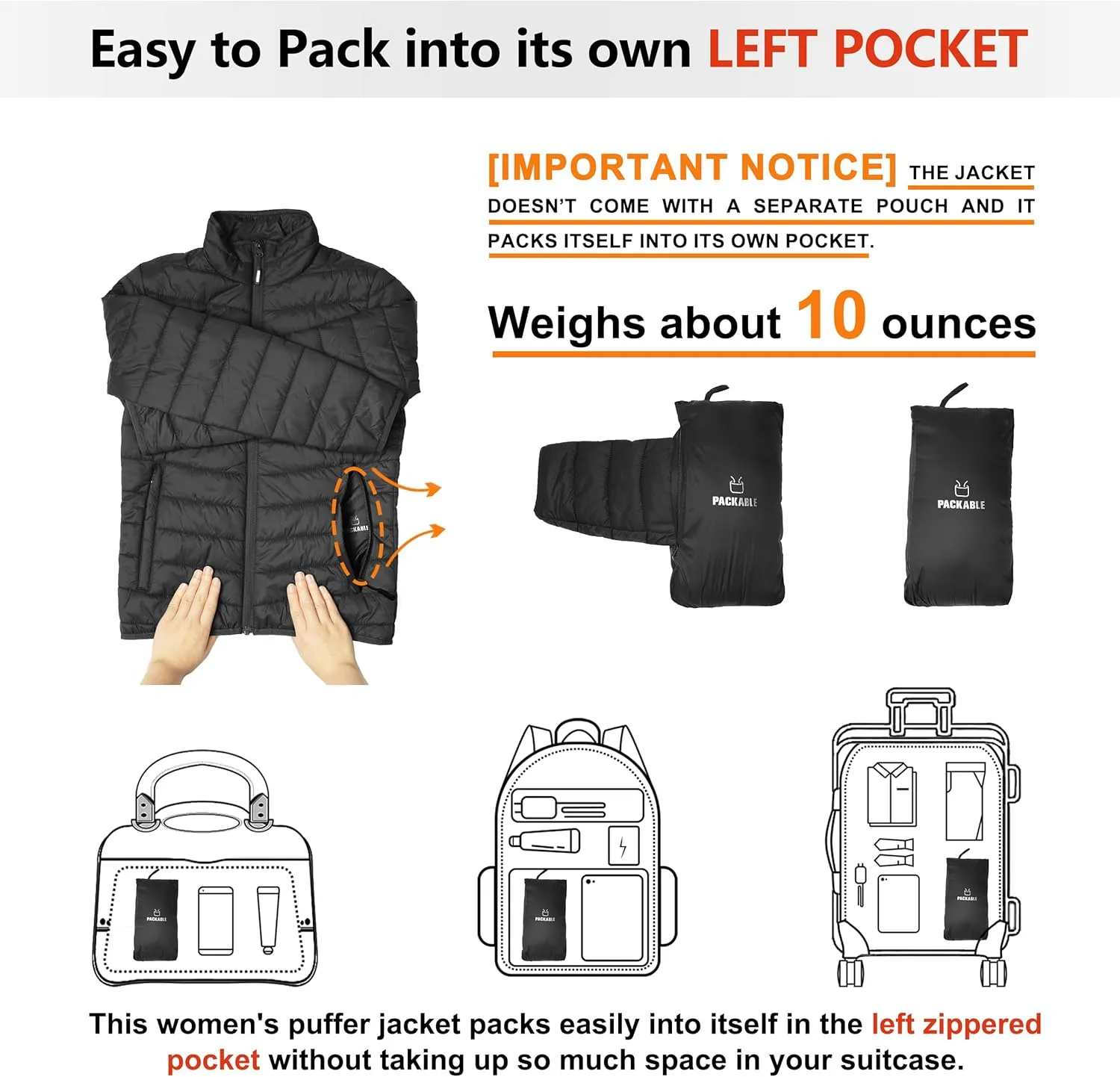 Outdoor Ventures Women's Packable Full-Zip Short Puffer Jacket Insulated Quilted Warm Lightweight Winter Coat