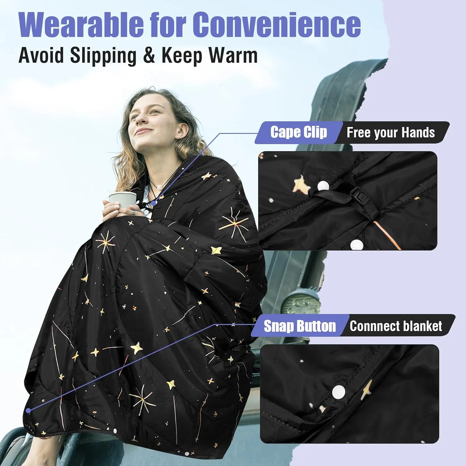 OUTSKIRT Ultra-Light Camping Blanket, Packable Camping Blankets for Cold Weather, Wearable Puffy Blanket, Perfect for Traveling, Hiking, Festival & Stadium, Black