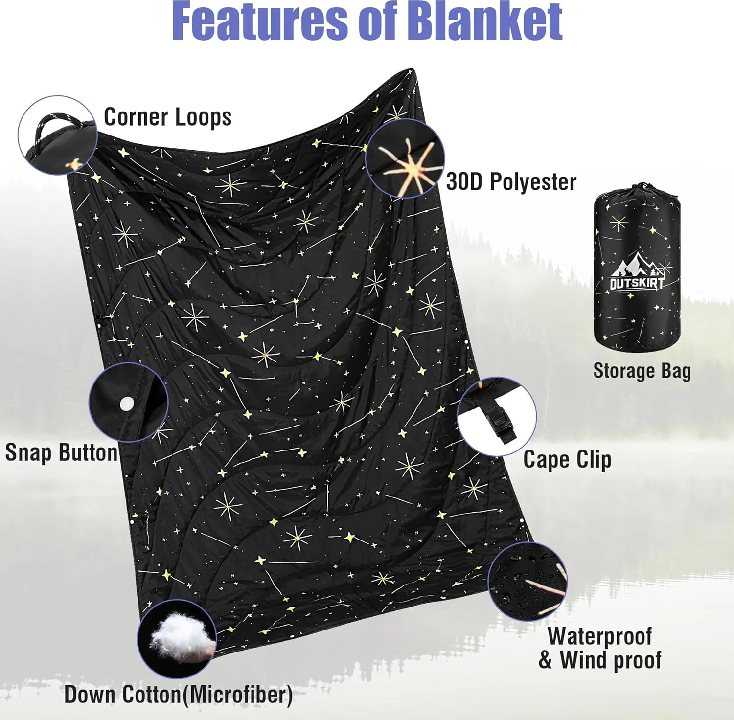 OUTSKIRT Ultra-Light Camping Blanket, Packable Camping Blankets for Cold Weather, Wearable Puffy Blanket, Perfect for Traveling, Hiking, Festival & Stadium, Black