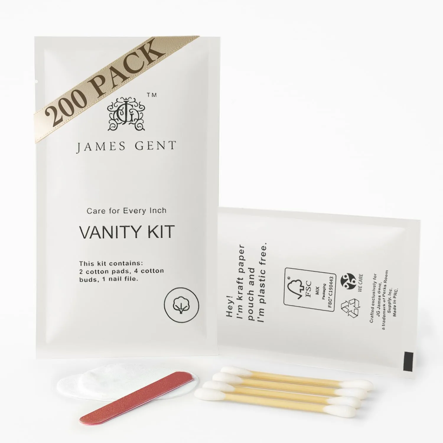 Pack of 200 Cotton Pad Cotton Swab and Nail File Kit Kraft Paper Individually Wrapped Hotel Vanity Kit Hotel Supplies and Toiletries Bulk