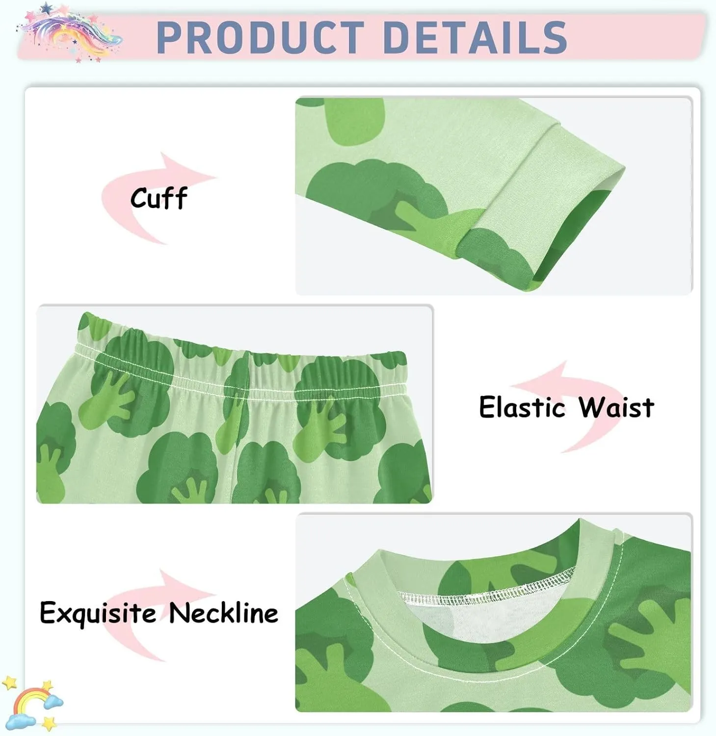 Pajama Sets Long Sleeve Broccoli Cabbage Pattern Soft Comfy Sleepwear 2 Piece PJS 3-8T