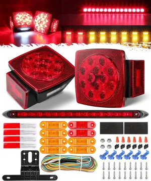 Partsam Submersible LED Trailer Tail Light Kit, Square Trailer Lights Light Bar 8 Side Markers, with 25FT Wiring Harness Reflective Stickers Combined Stop Turn Tail License Lights for Boat Trailer 12V