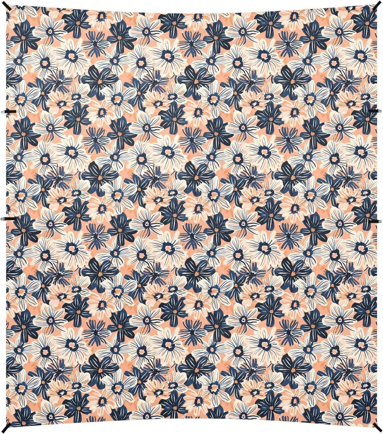 Peach and Navy Blue Flowers Foldable Beach Cabana UPF50 Waterproof Large Portable Sun Shelter with Sandbags and Shovel for Family Trips, Picnics & Camping