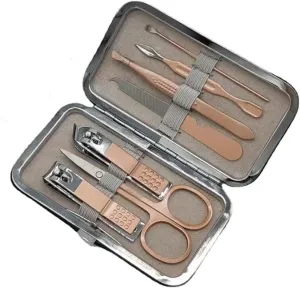 Pedicure Kit 7 Piece Set Stainless Steel Foot Care Tools with Nail Clippers Oblique Pliers Trimming Spoon PU Box Champagne Gold