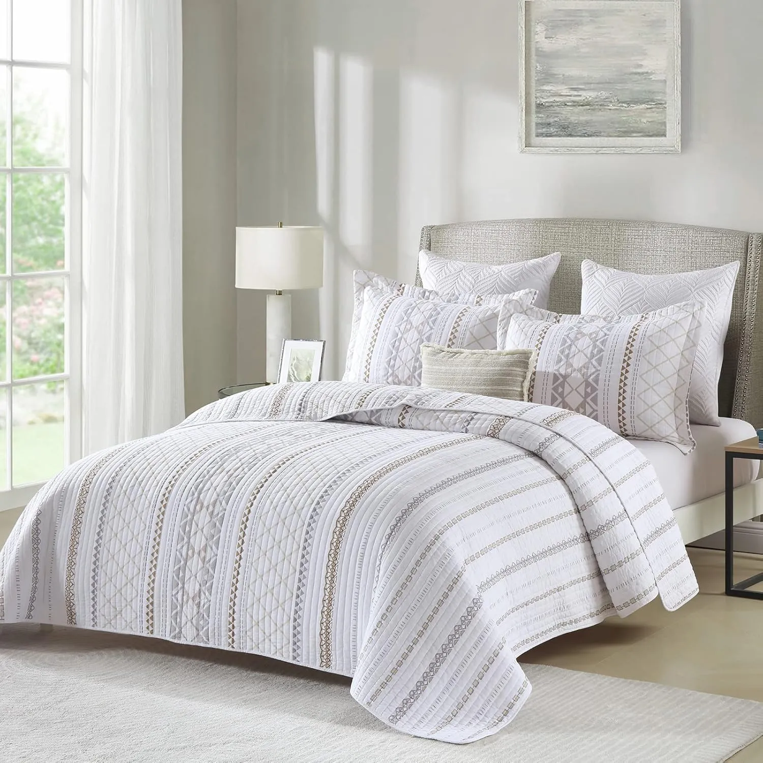 PERHOM 100% Cotton Quilt Queen Size - 3 Pieces Boho Striped Lightweight Soft Breathable Beige Gray White Bedding Set with 2 Shams, Bohemian Pattern Printed Bedspread/Coverlet/Comforter for All Season