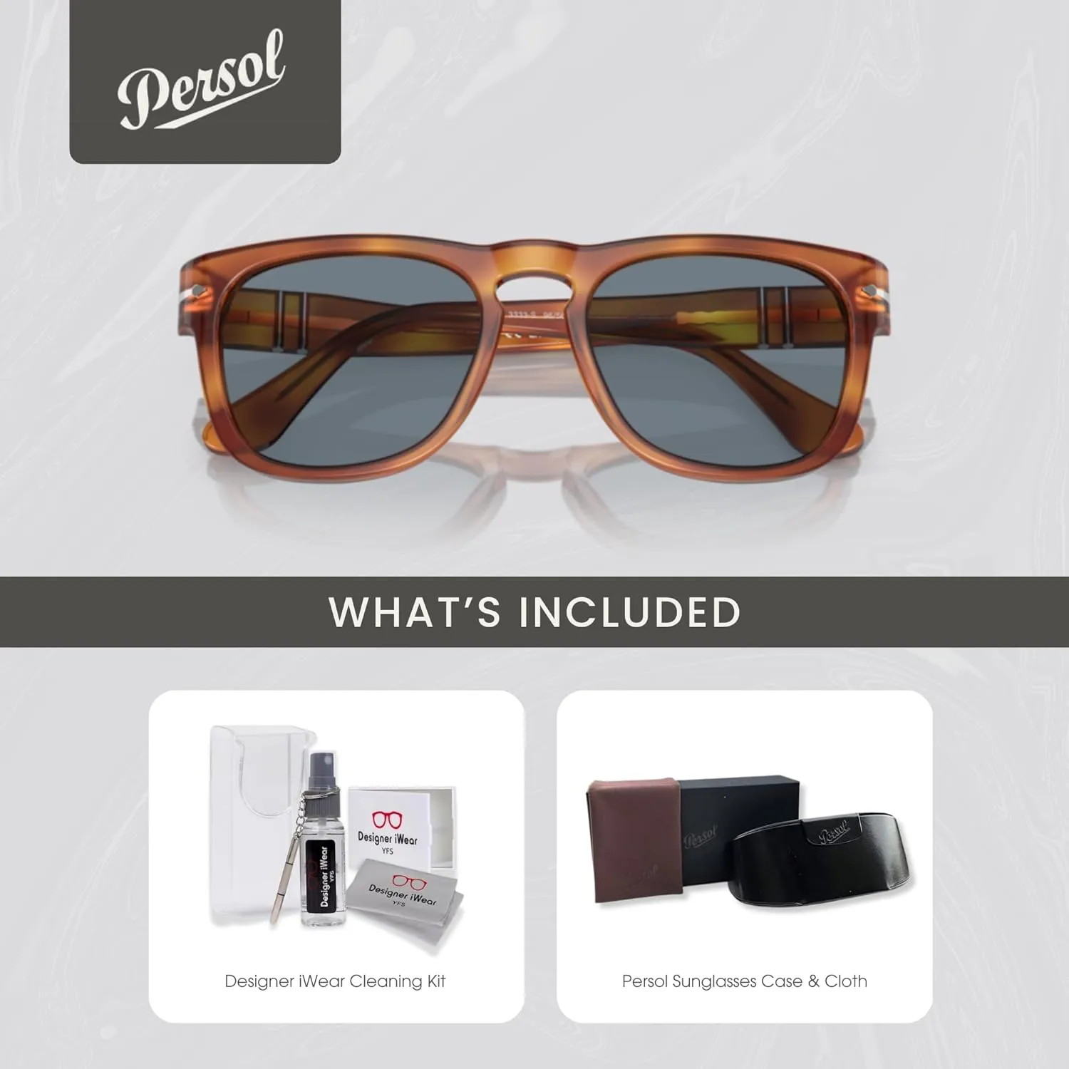 Persol Elio PO3333S Square Sunglasses for Men for Women   BUNDLE With Designer iWear Complimentary Eyewear Kit
