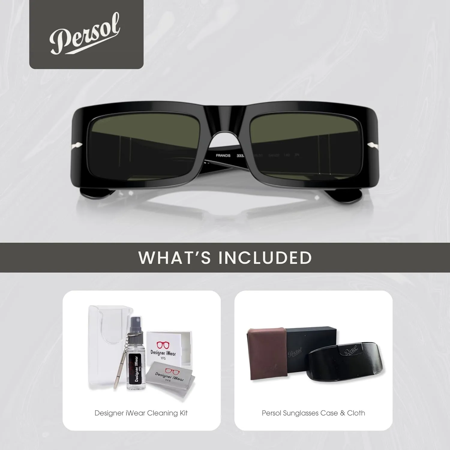 Persol Francis PO3332S Rectangle Sunglasses for Men for Women   BUNDLE With Designer iWear Complimentary Eyewear Kit